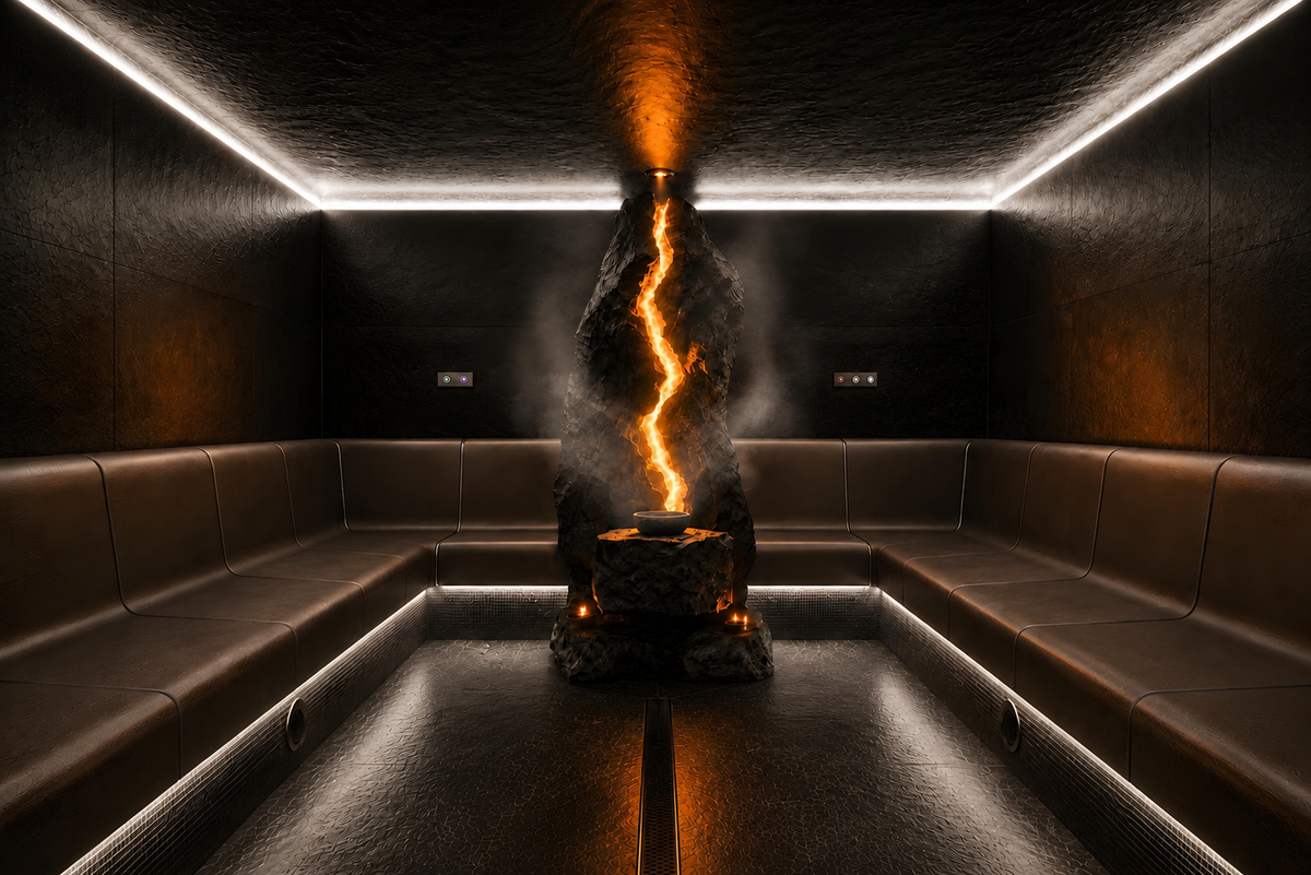 A dark, moody interior with a central glowing lava-like fountain or volcanic structure, surrounded by long upholstered benches and illuminated by linear LED lighting along the walls and ceiling.