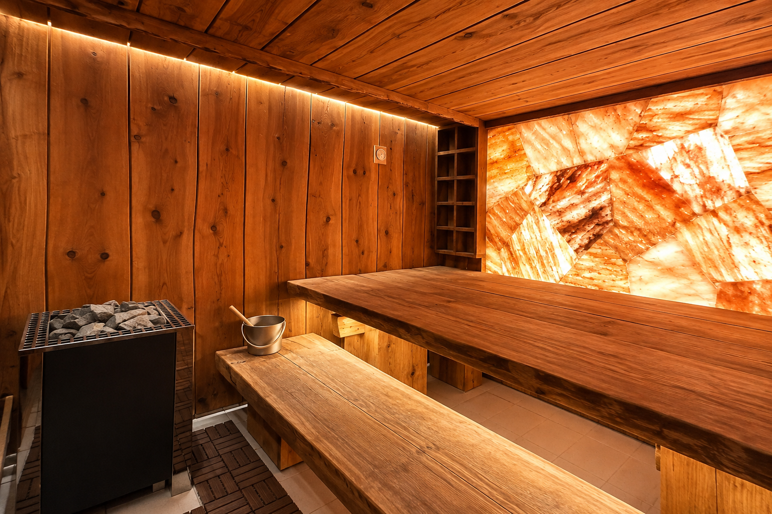 A cozy wooden sauna room with warm ambient lighting, a wood-paneled wall, a salt stone wall, a long wooden bench, a low wooden table, and a black wood-burning stove with visible charcoal.