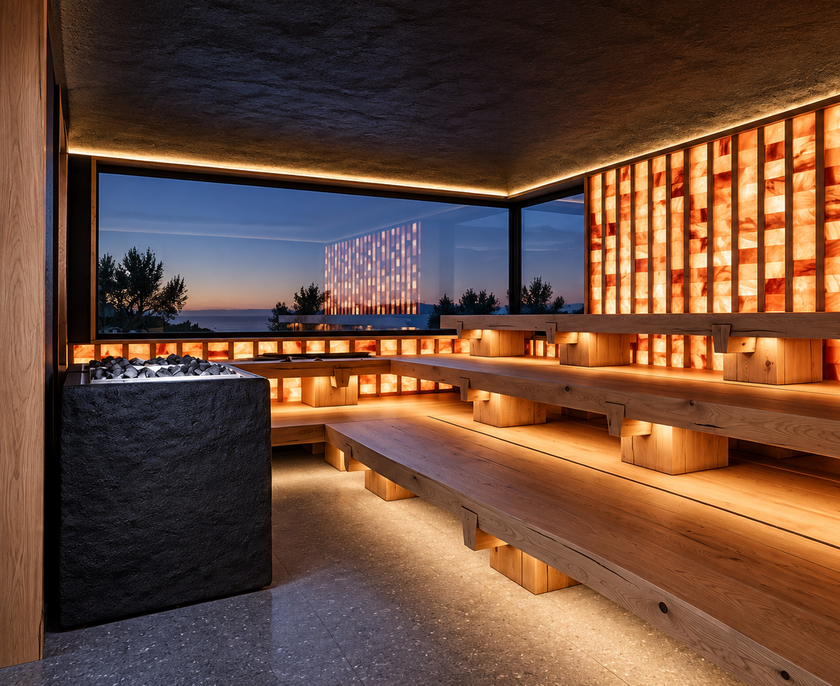 A modern wooden sauna interior with tiered wooden benches, a stone salt block, and a large window showing an outdoor dusk view. Warm ambient lighting glows from the wooden wall panels behind the benches.