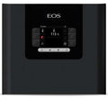 An EOS water heater control panel in matte black, featuring a central digital display screen showing 115 degrees Celsius and 115 Fahrenheit, with various control icons and the EOS brand name at the top.