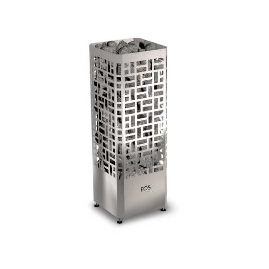 Stainless steel charcoal chimney with 'EOS' branding on a white background