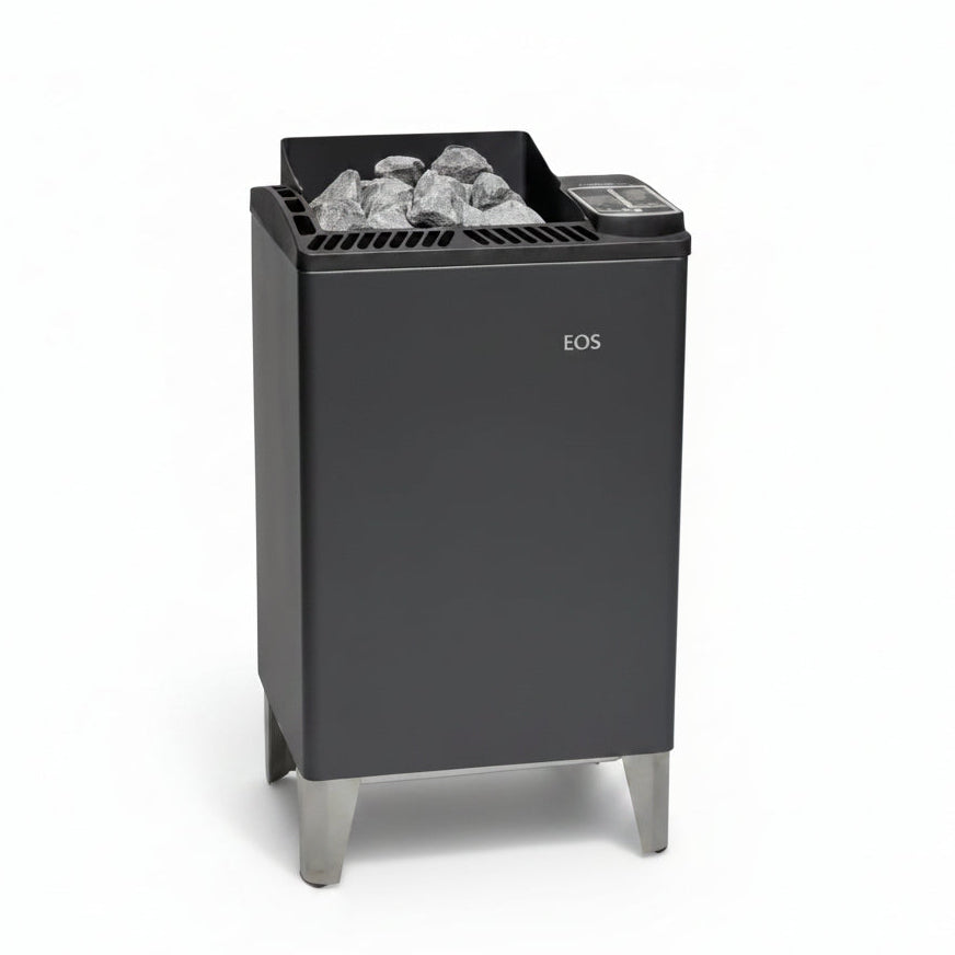 Gray sauna heater with 'EOS' branding on a white background