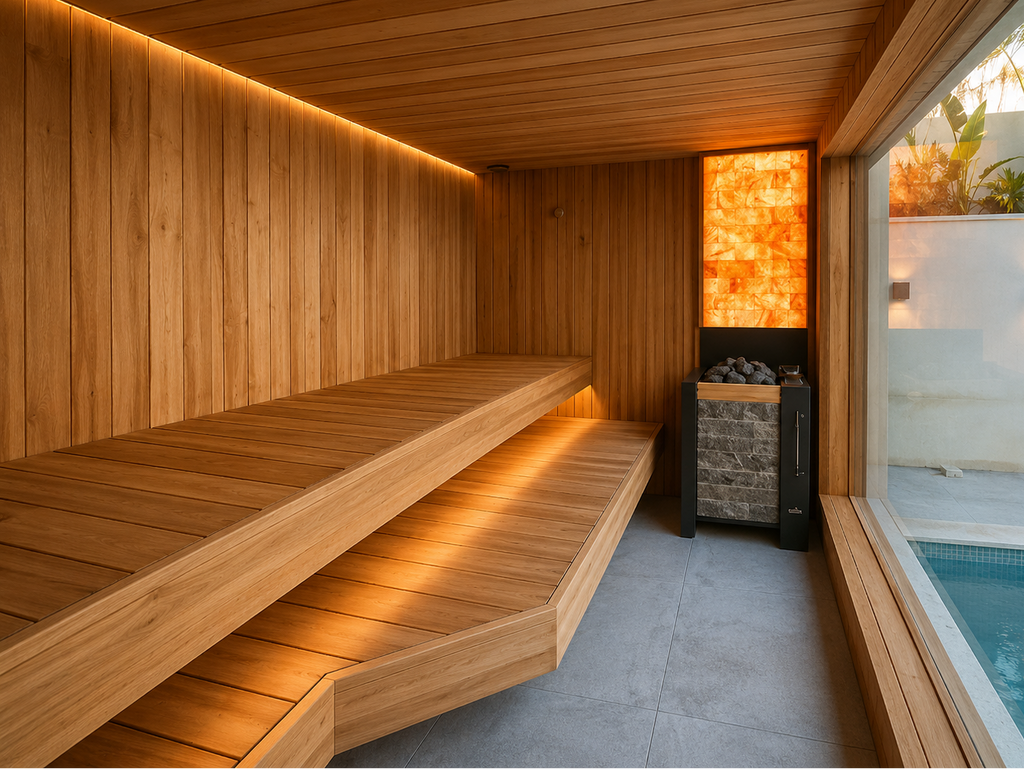 A modern wooden sauna interior with tiered wooden benches, warm ambient lighting, a salt stone wall heater, and an outdoor pool visible through a large window.