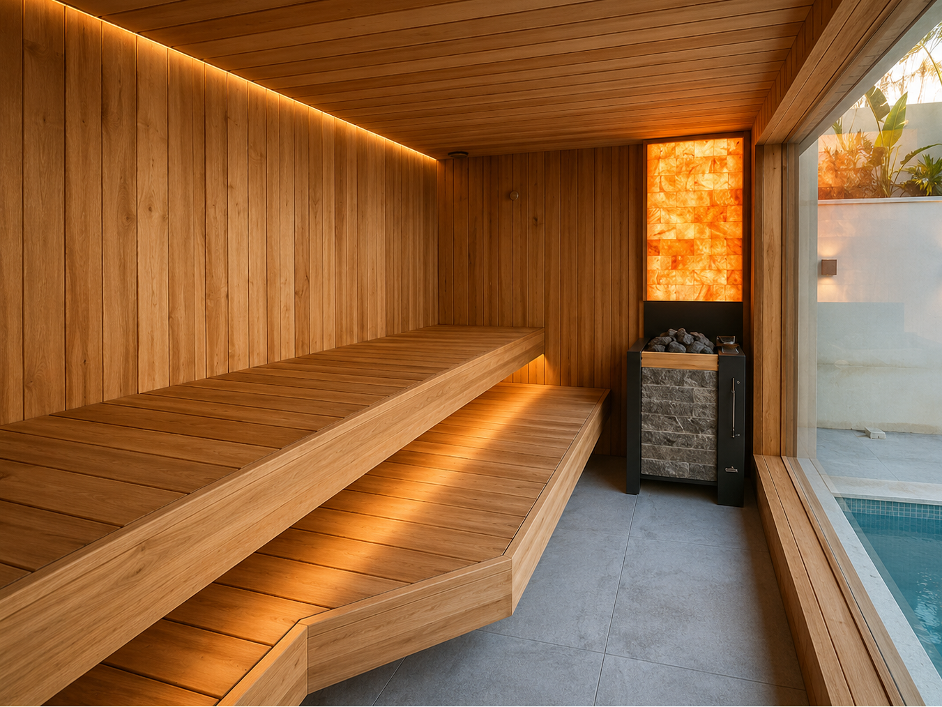 A modern wooden sauna interior with tiered wooden benches, warm ambient lighting, a salt stone wall heater, and an outdoor pool visible through a large window.