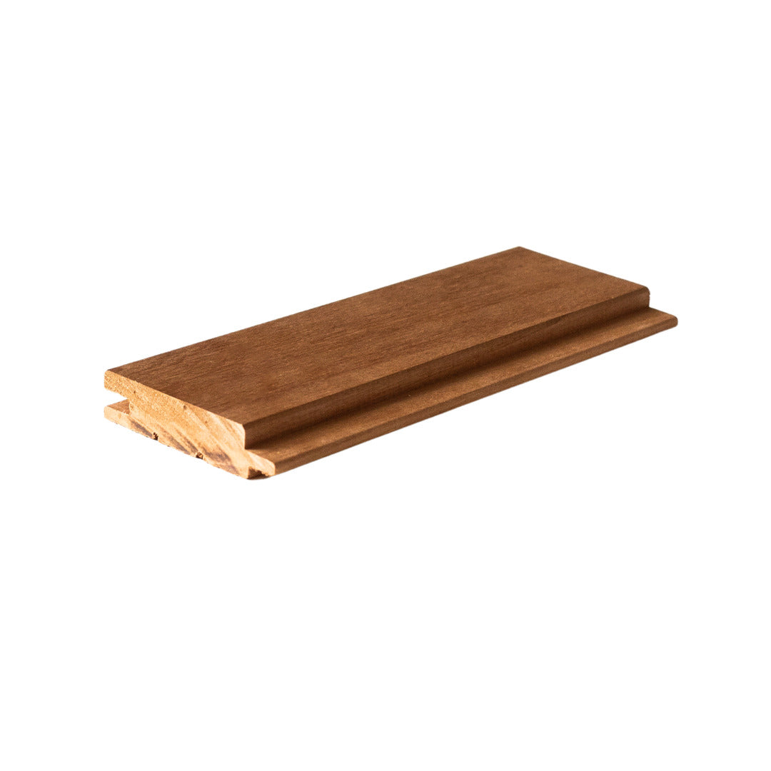 A single piece of medium brown wood molding or trim with a grooved channel profile, shown on a plain white background.