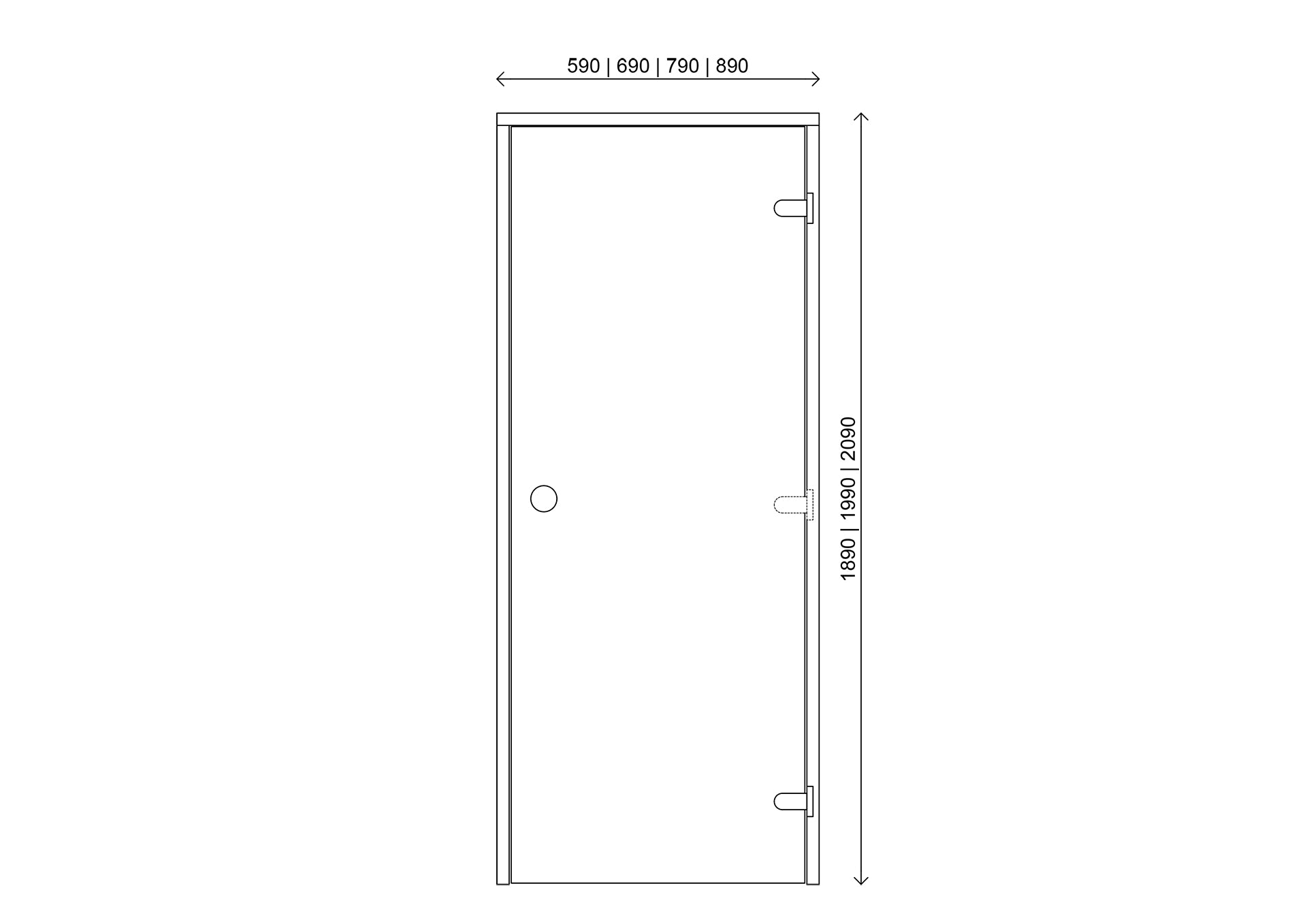 A black and white technical line drawing of a door with dimension arrows and measurements: 590 | 690 | 790 | 890 across the top and 1890 | 1590 | 2090 vertically.